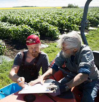 2 Men inspecting document in field